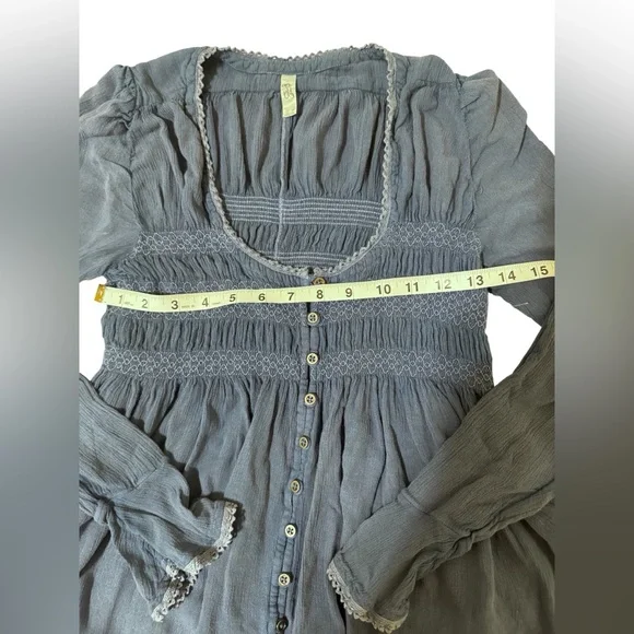 Free People Indigo Smocked Button-Front Peasant Blouse - Picture 4 of 7
